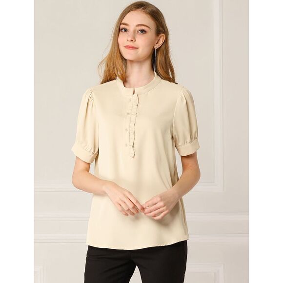 Top Puff Sleeve Half Placket Ruffled Shirt Blouses Apricot - Picture 2 of 6